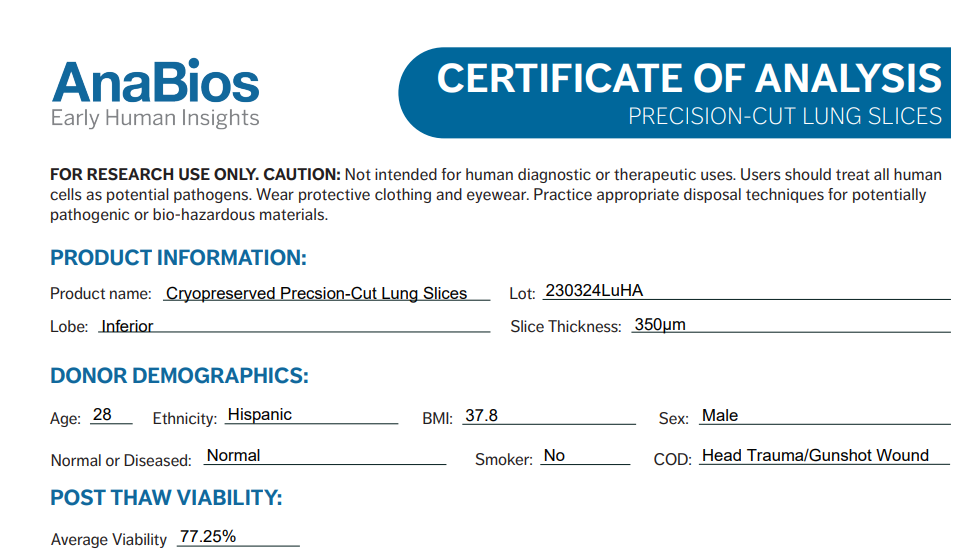 CERTIFICATE OF ANALYSIS - PRECISION-CUT LUNG SLICES