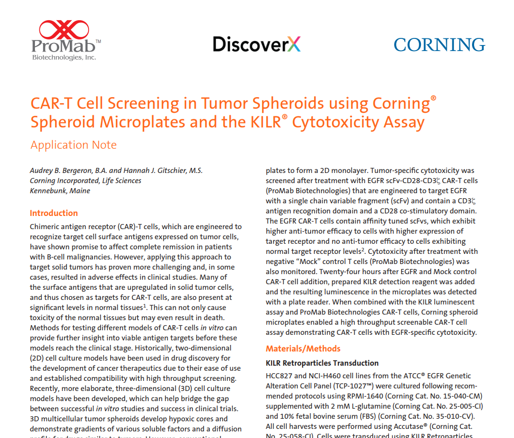 [APPnote] CAR-T Cell Screening in Tumor Spheroids using Corning® Spheroid Microplates and the KILR® Cytotoxicity Assay